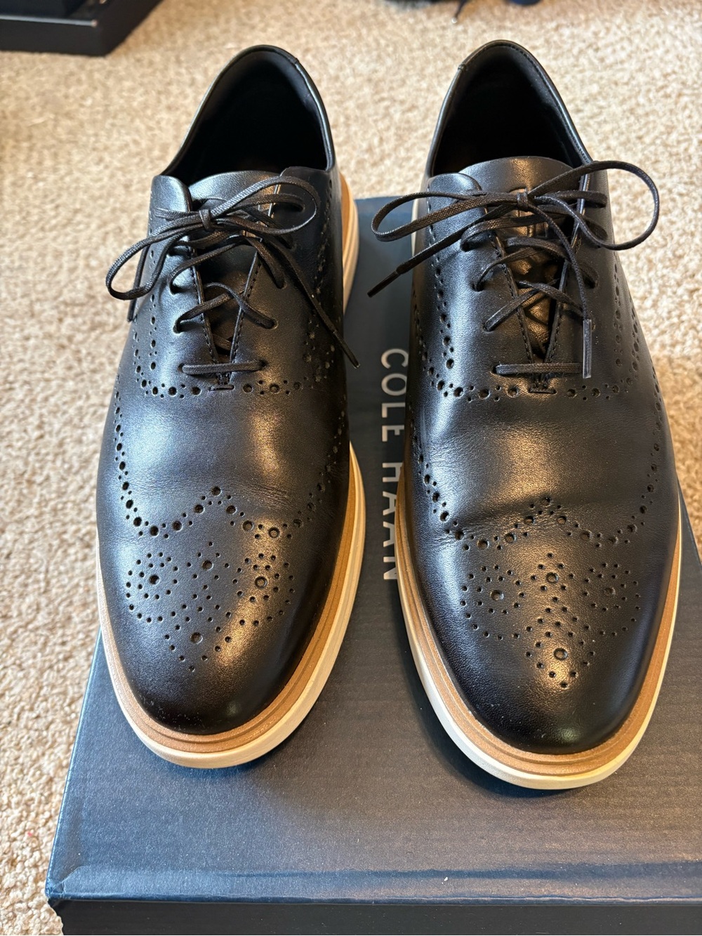 Cole Haan Black Leather Wingtip Derbys with Contrast Sole